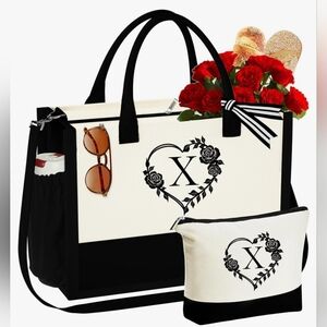 2pc Travel Canvas Tote Bag & Zippered Pouch Set Embroidered Letter X
